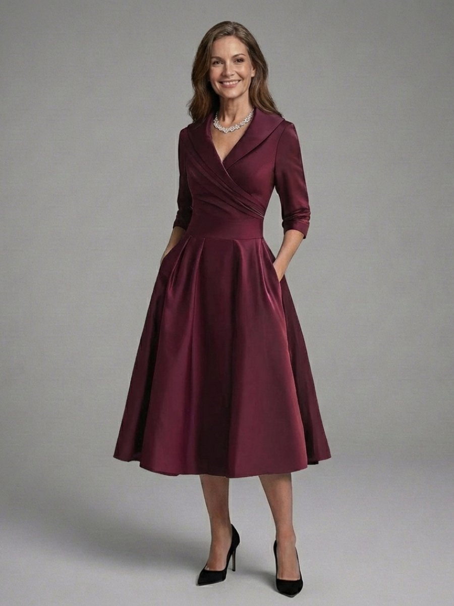 Women's Christmas Party Midi Dress Three-Quarter Sleeve Wrap Bodice