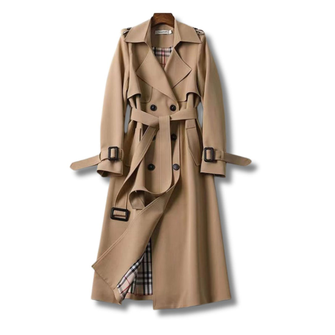 Women's Classic Double-Breasted Belted Trench Coat Checked Lining