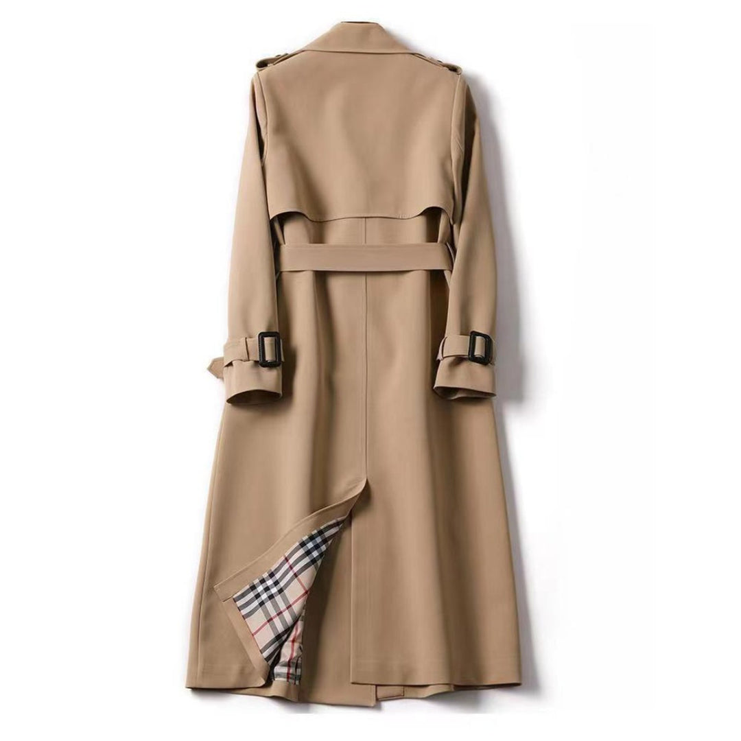 Women's Classic Double-Breasted Belted Trench Coat Checked Lining