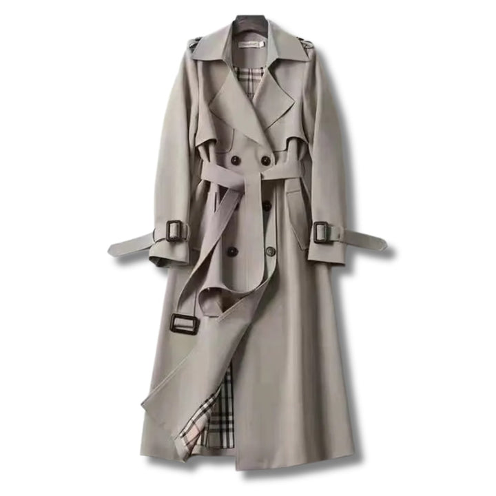 Women's Classic Double-Breasted Belted Trench Coat Checked Lining