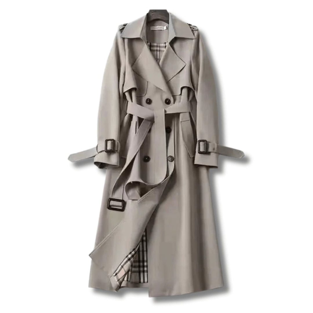Women's Classic Double-Breasted Belted Trench Coat Checked Lining