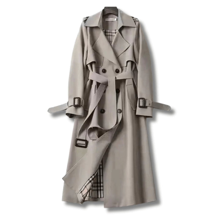 Women's Classic Double-Breasted Belted Trench Coat Checked Lining