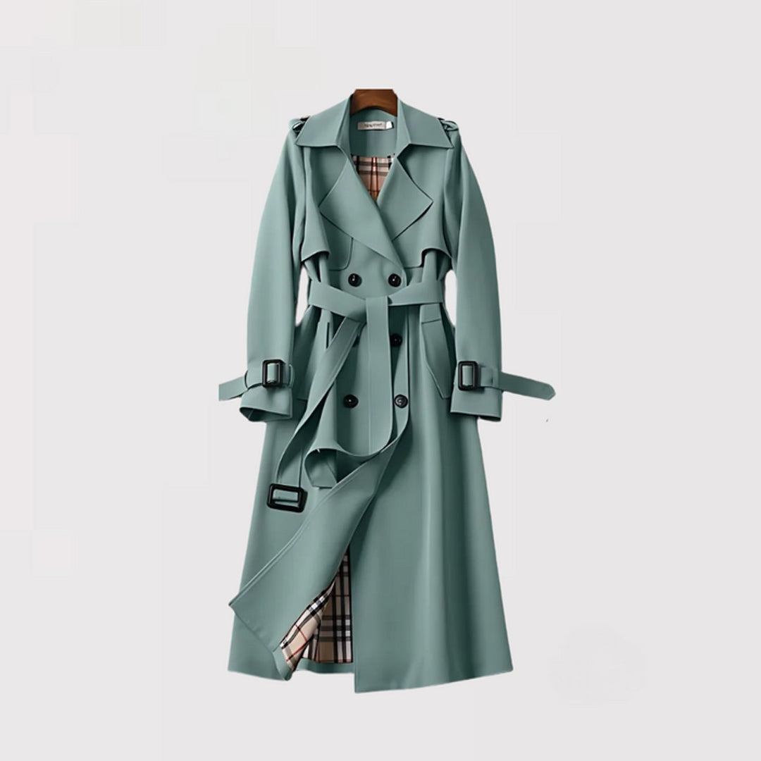 Women's Classic Double-Breasted Belted Trench Coat Checked Lining