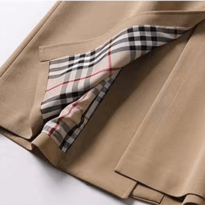 Women's Classic Double-Breasted Belted Trench Coat Checked Lining