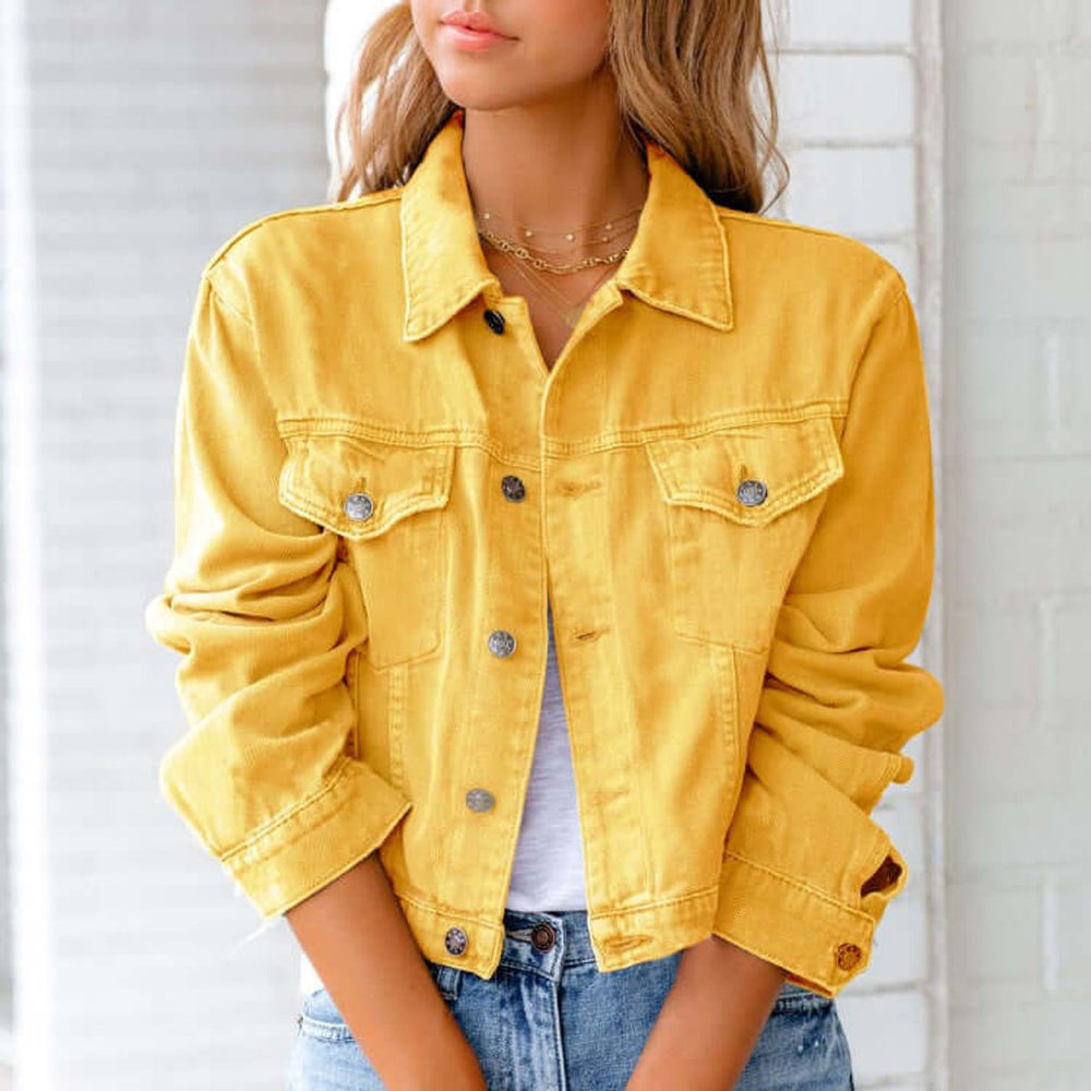 Women's Classic Pink Denim Coat Button-Up Cropped Jacket