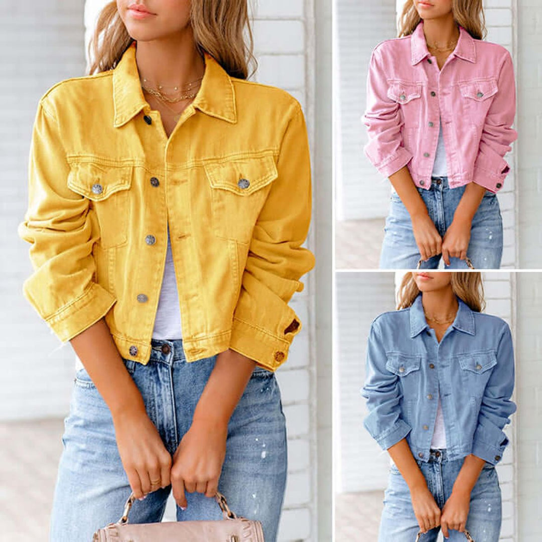 Women's Classic Pink Denim Coat Button-Up Cropped Jacket