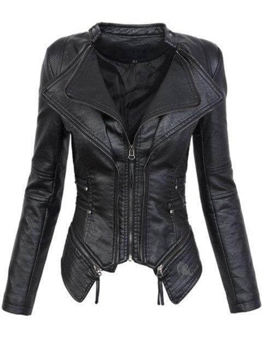 Womens Coat Asymmetrical Zip Slim Faux Leather Biker Jacket
