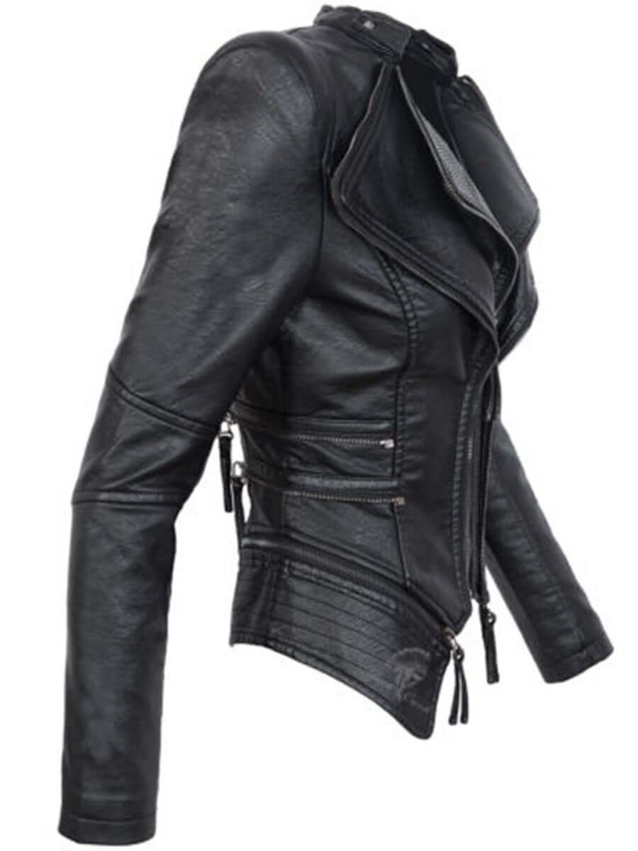 Womens Coat Asymmetrical Zip Slim Faux Leather Biker Jacket