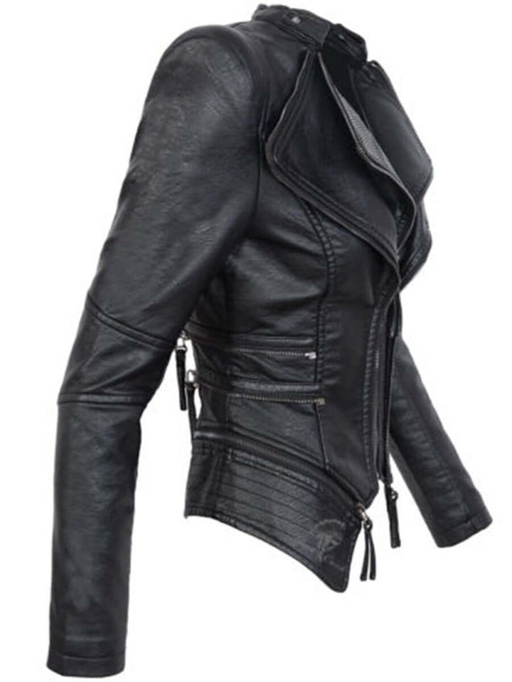 Womens Coat Asymmetrical Zip Slim Faux Leather Biker Jacket