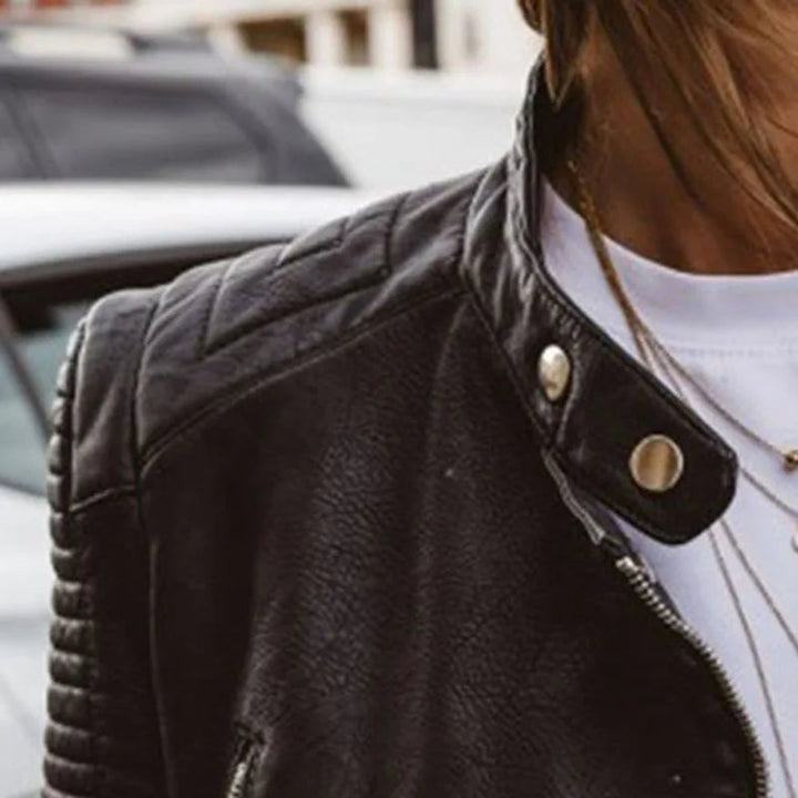 Women's Coat Black Faux Leather Zip-Up Biker Jacket