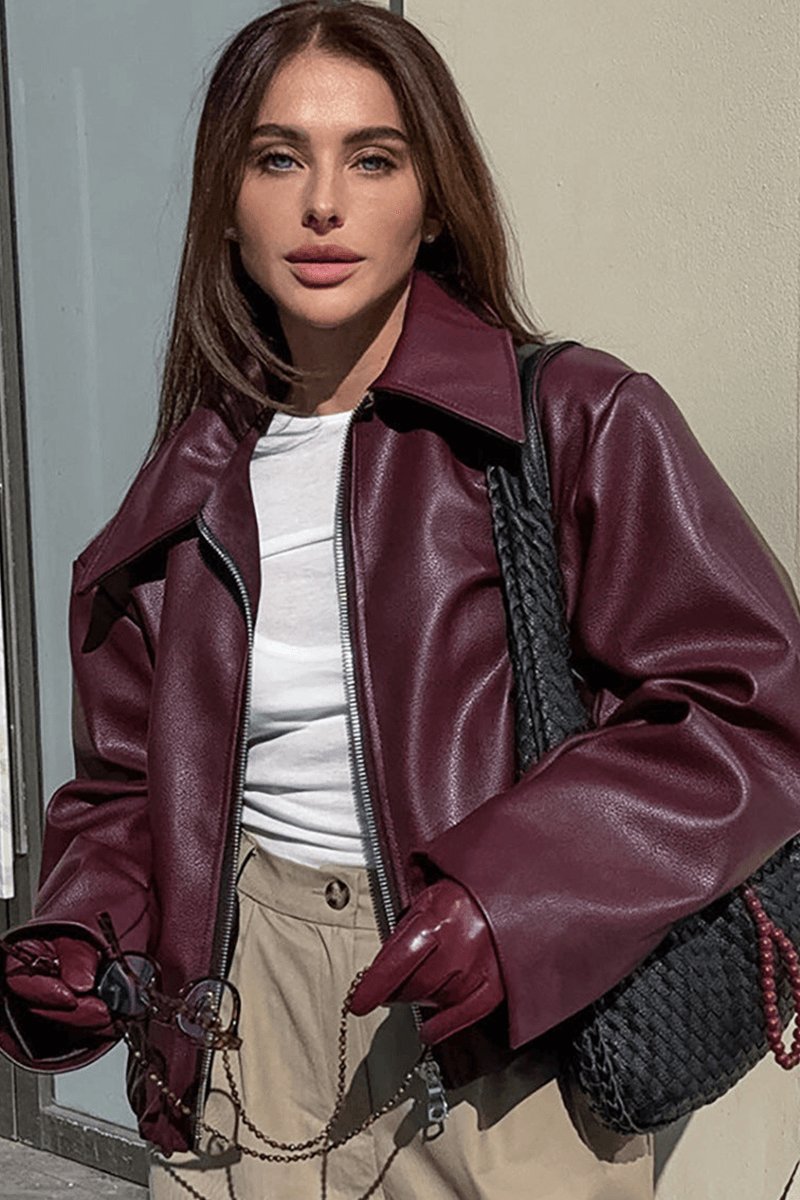 Women's Coat Burgundy Faux Leather Cropped Zip-Up Jacket