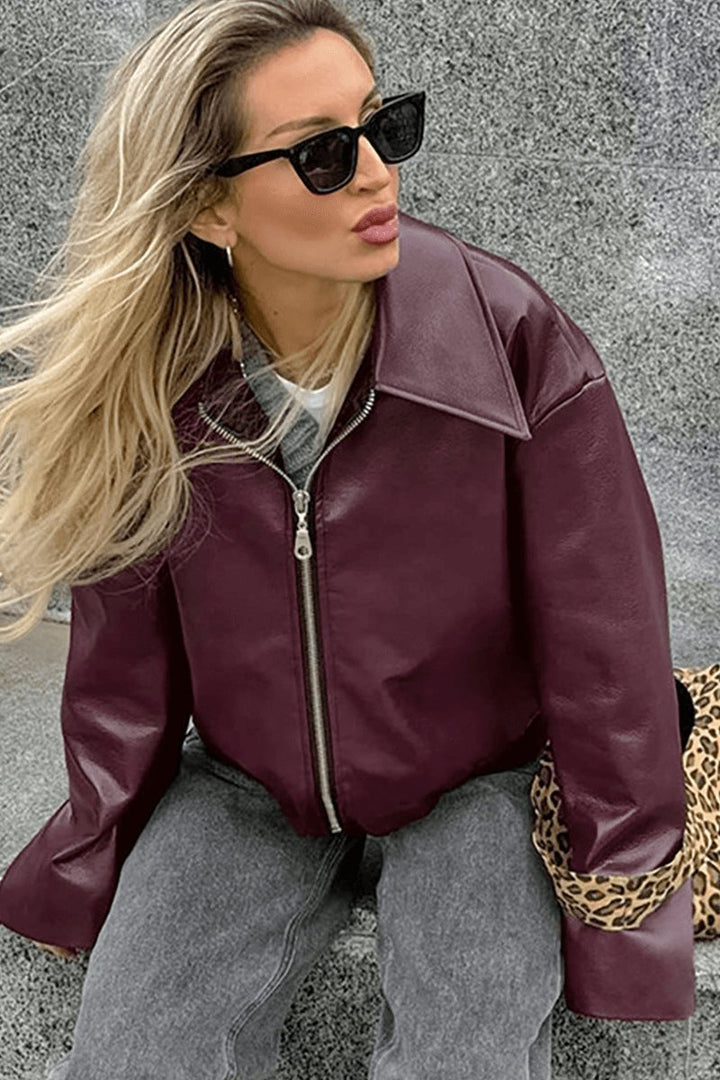 Women's Coat Burgundy Faux Leather Cropped Zip-Up Jacket
