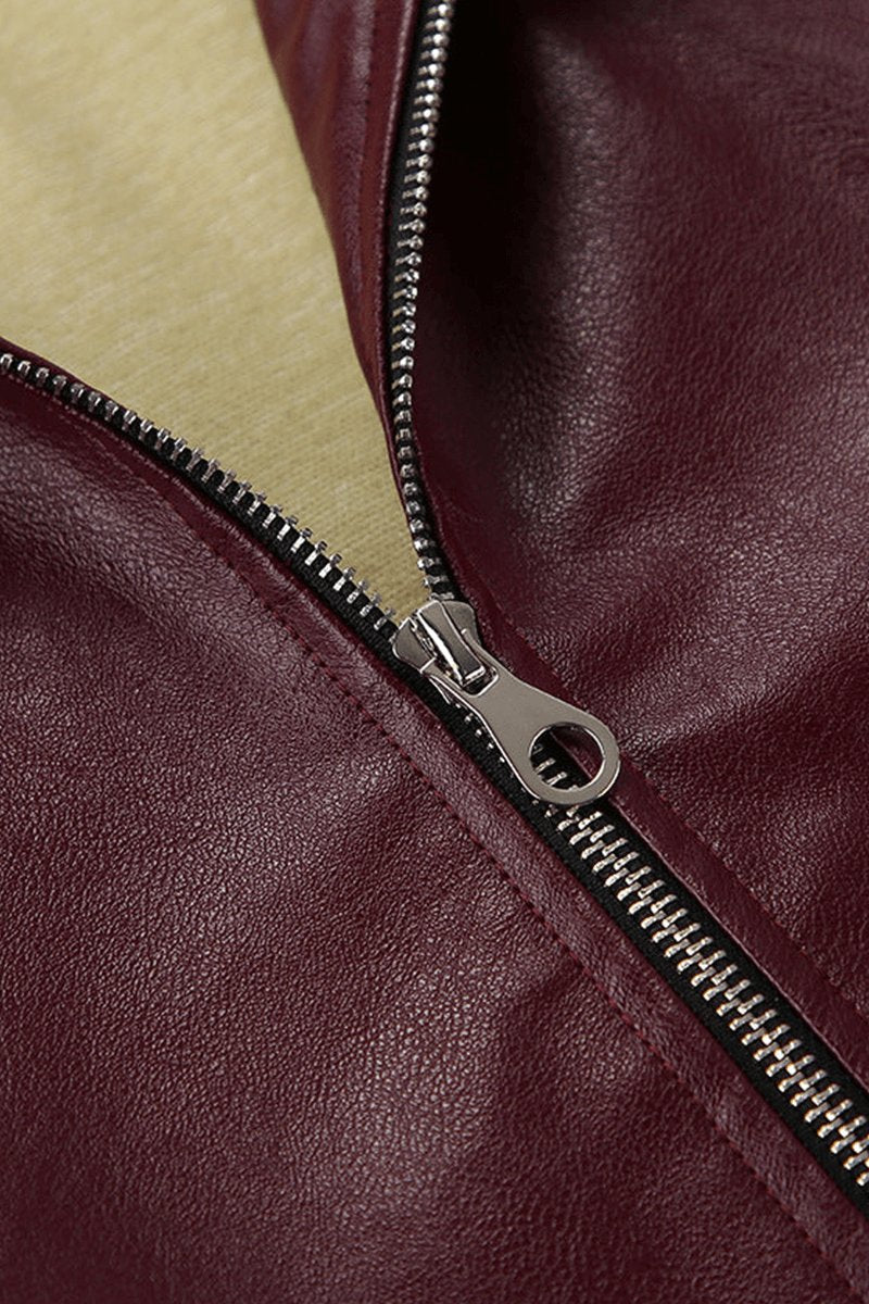 Women's Coat Burgundy Faux Leather Cropped Zip-Up Jacket
