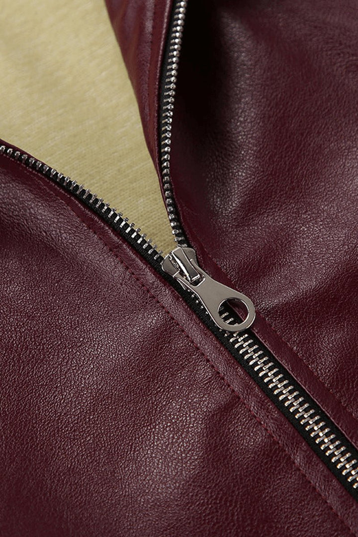 Women's Coat Burgundy Faux Leather Cropped Zip-Up Jacket