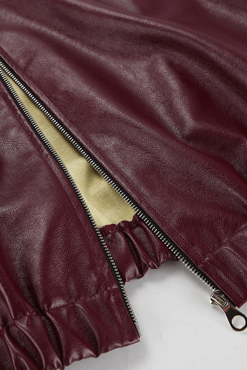 Women's Coat Burgundy Faux Leather Cropped Zip-Up Jacket