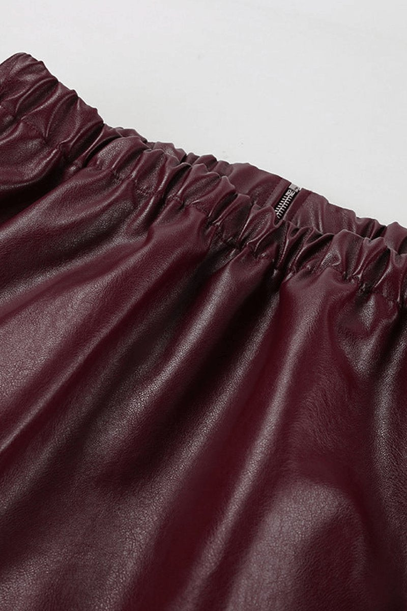 Women's Coat Burgundy Faux Leather Cropped Zip-Up Jacket