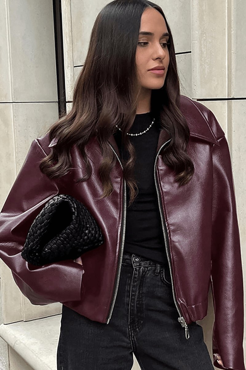 Women's Coat Burgundy Faux Leather Cropped Zip-Up Jacket