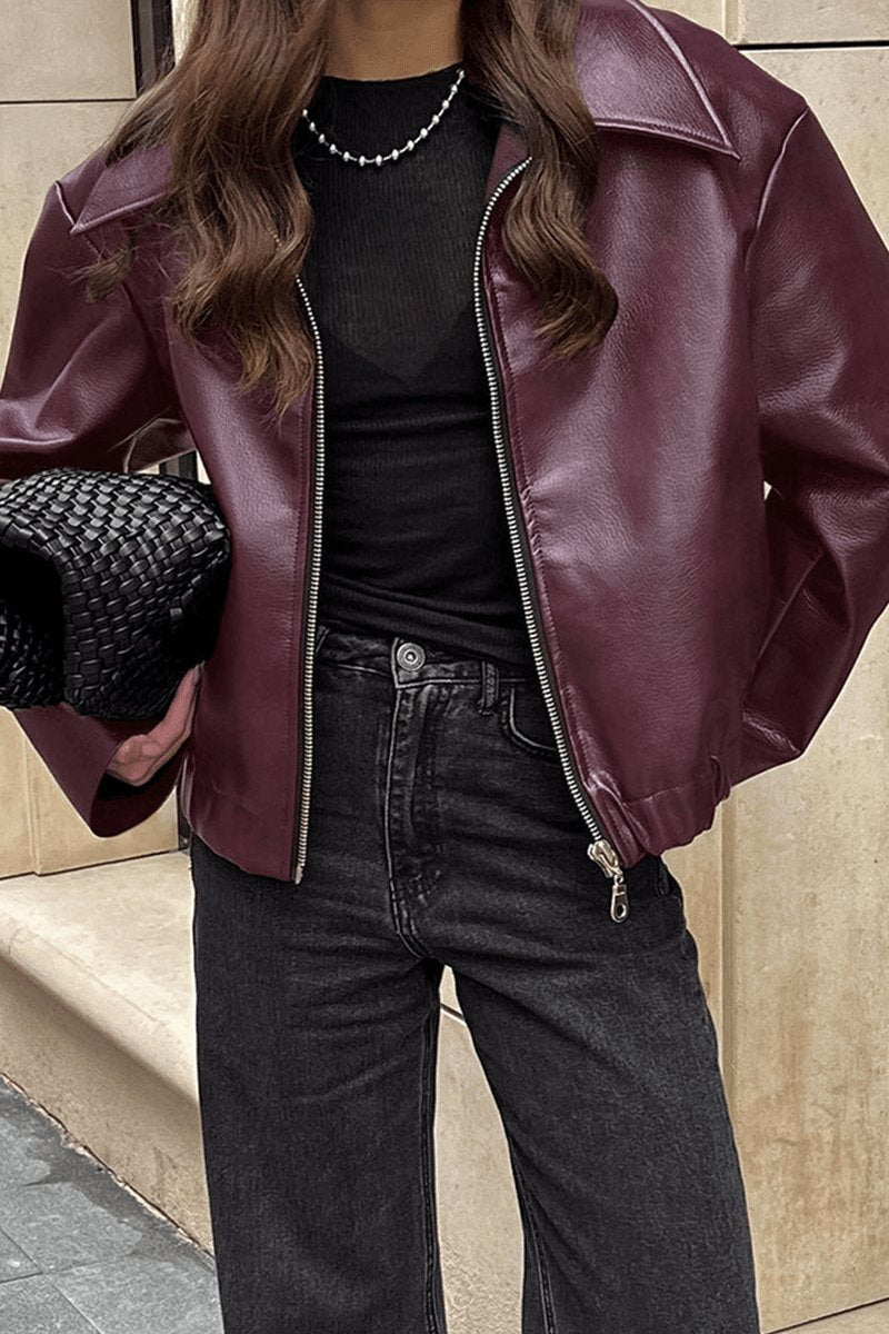 Women's Coat Burgundy Faux Leather Cropped Zip-Up Jacket