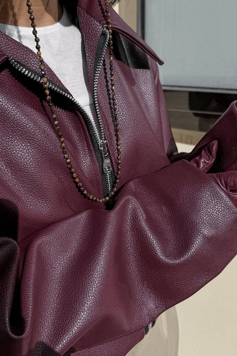 Women's Coat Burgundy Faux Leather Cropped Zip-Up Jacket