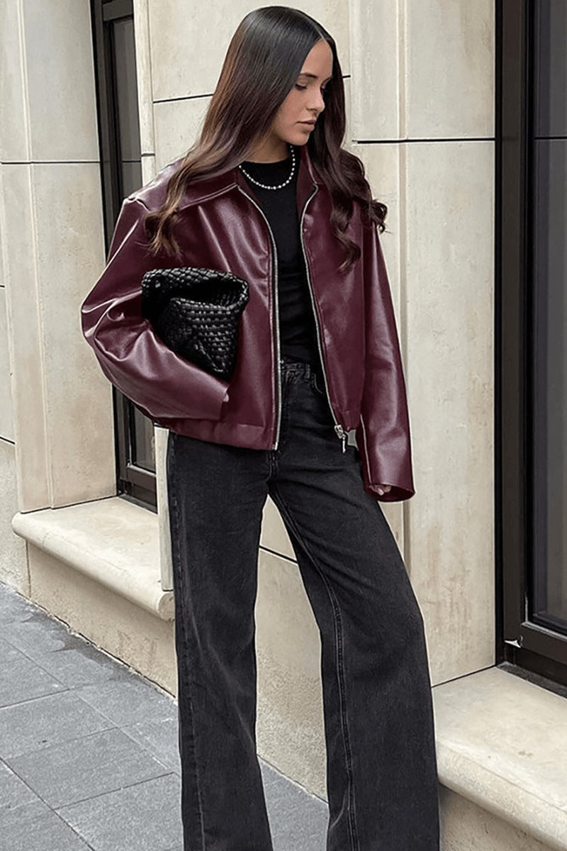 Women's Coat Burgundy Faux Leather Cropped Zip-Up Jacket