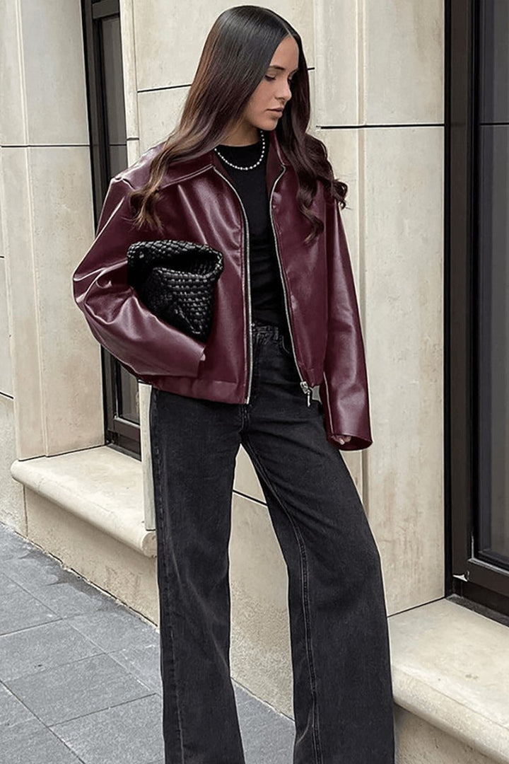 Women's Coat Burgundy Faux Leather Cropped Zip-Up Jacket