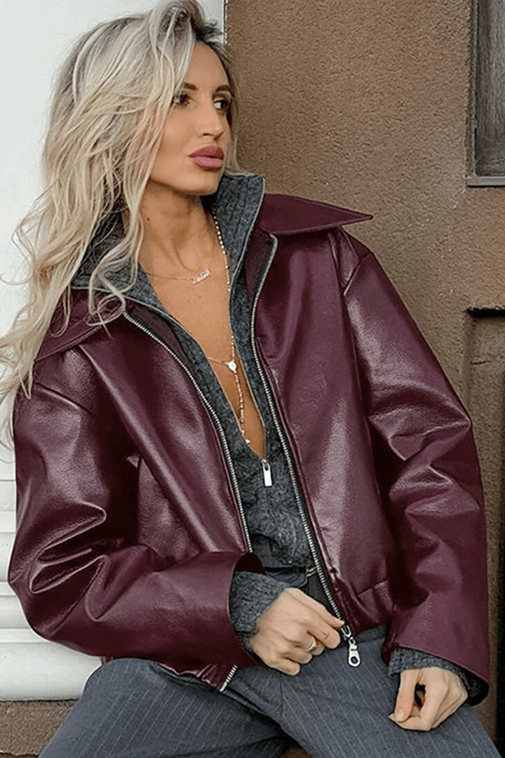 Women's Coat Burgundy Faux Leather Cropped Zip-Up Jacket