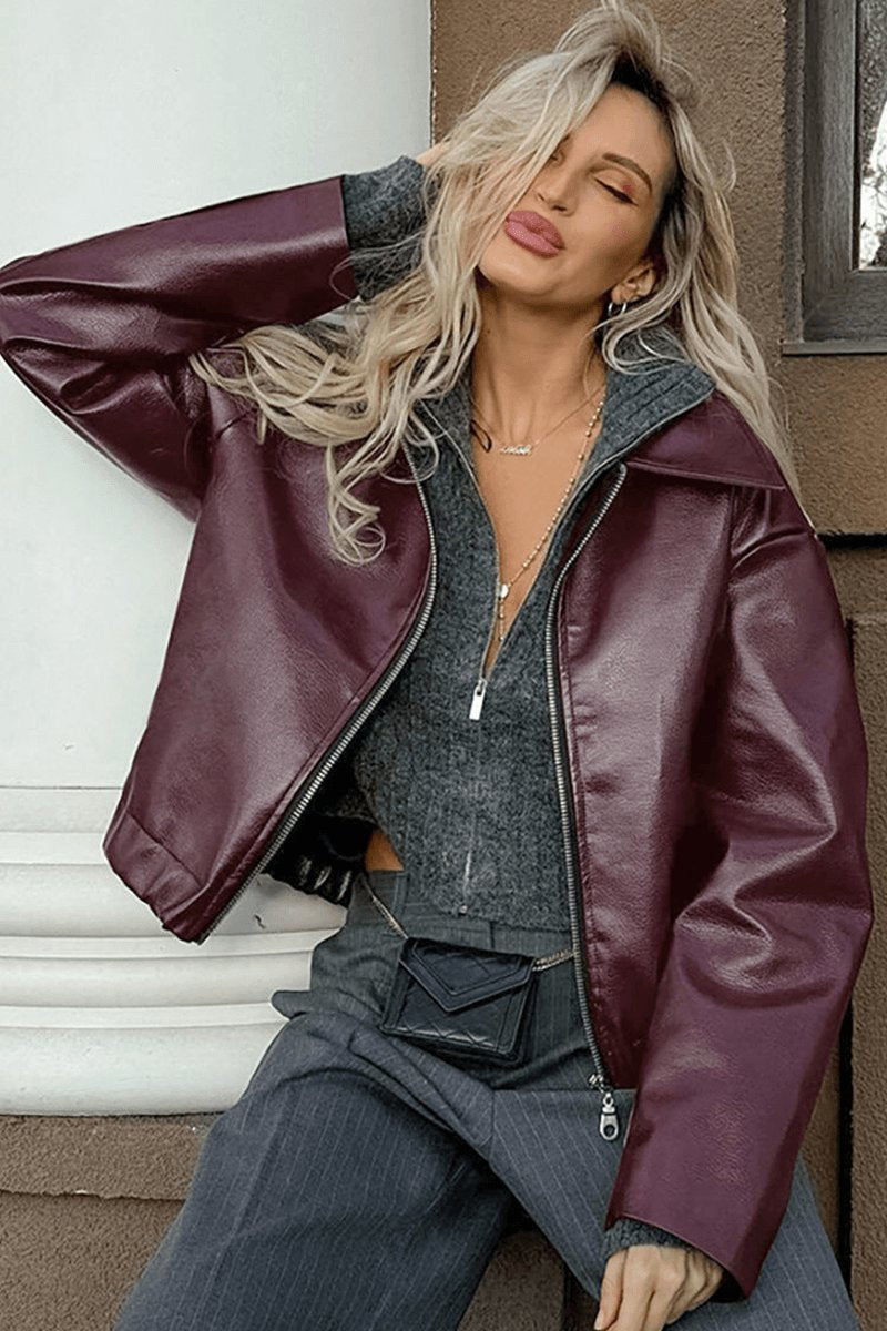 Women's Coat Burgundy Faux Leather Cropped Zip-Up Jacket