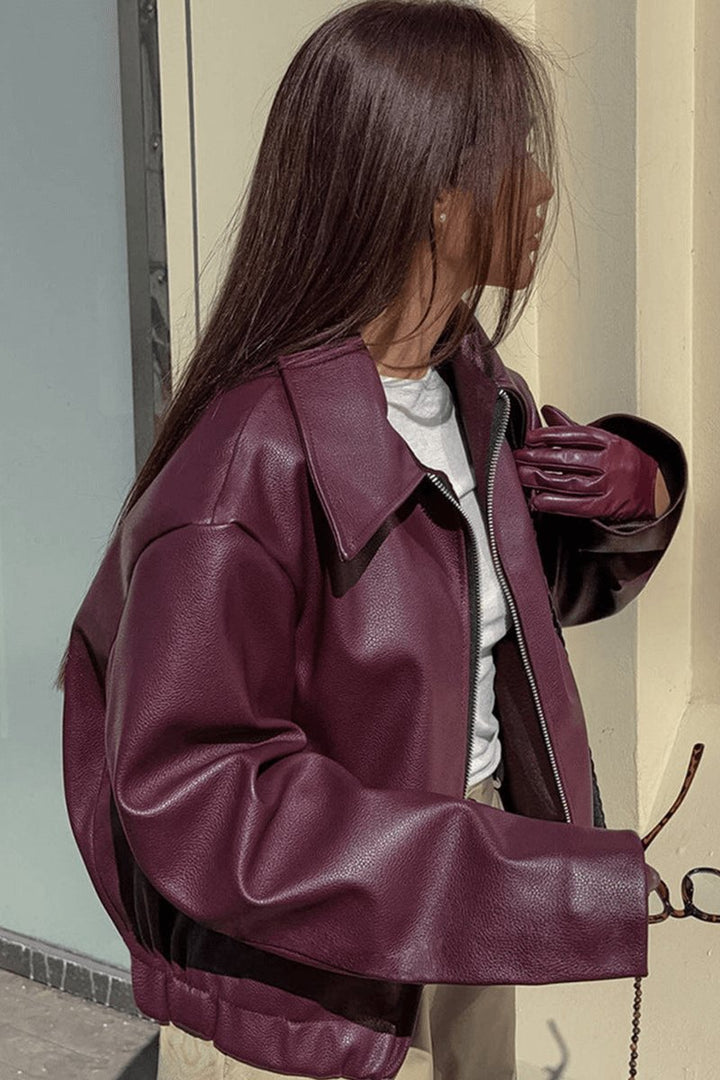 Women's Coat Burgundy Faux Leather Cropped Zip-Up Jacket