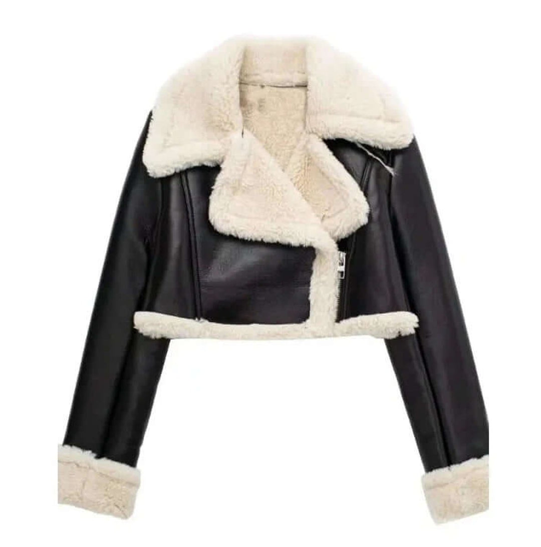 Women's Coat Cropped Shearling Faux Leather Aviator Jacket