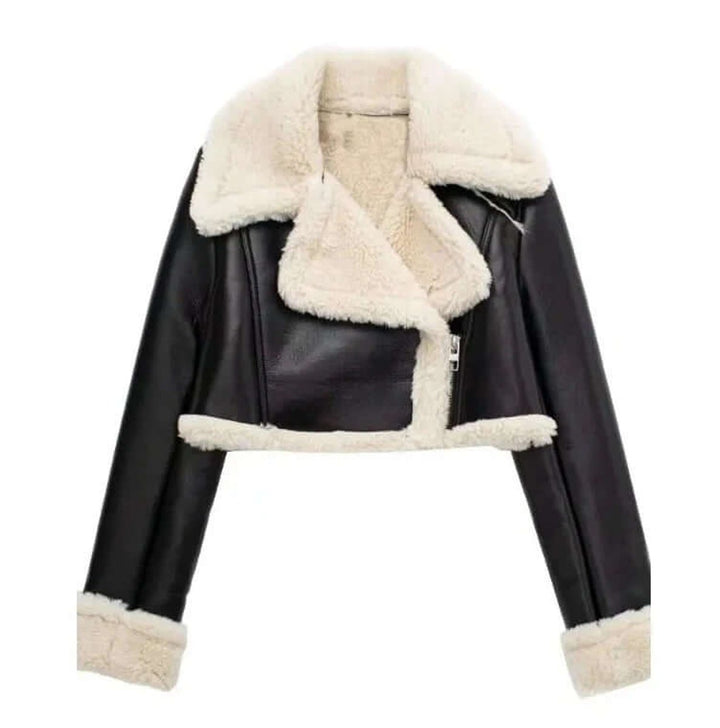 Women's Coat Cropped Shearling Faux Leather Aviator Jacket