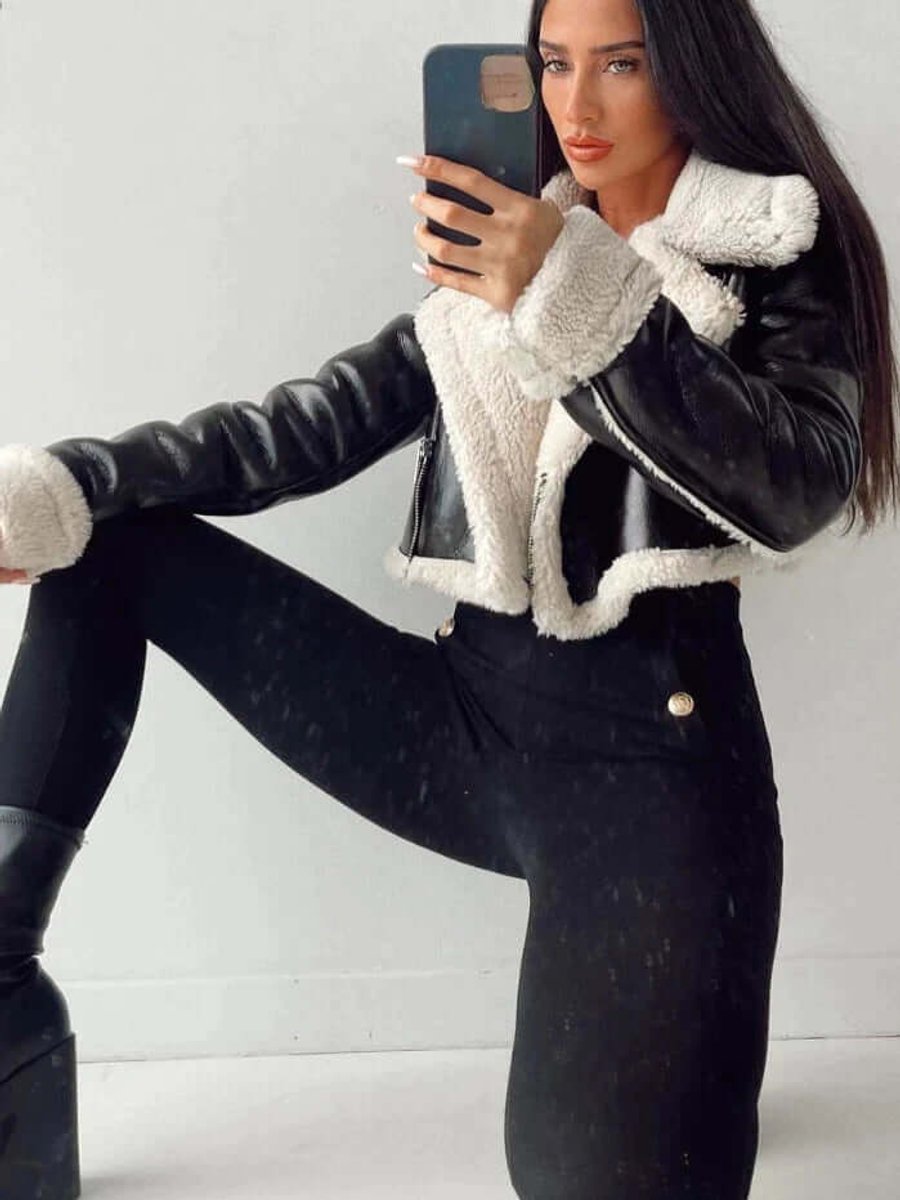 Women's Coat Cropped Shearling Faux Leather Aviator Jacket