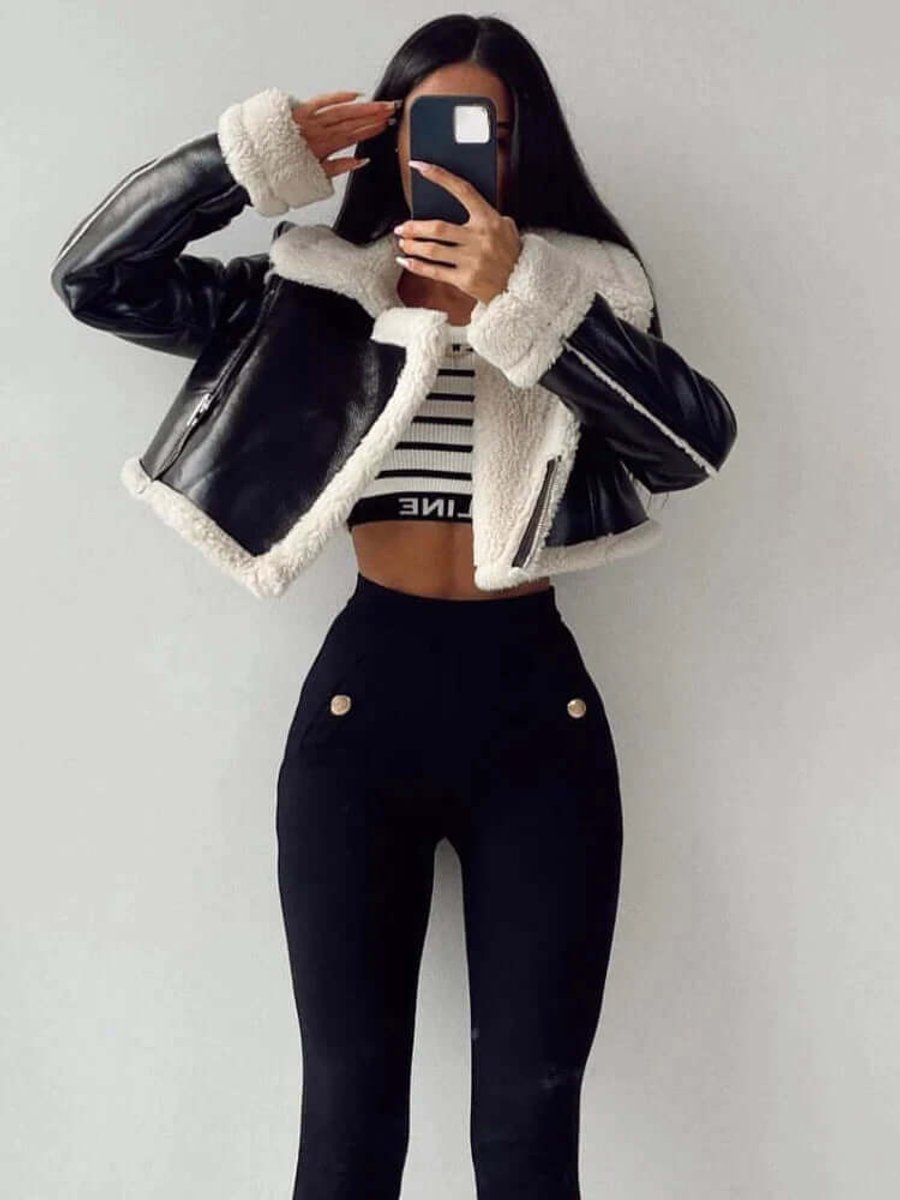 Women's Coat Cropped Shearling Faux Leather Aviator Jacket