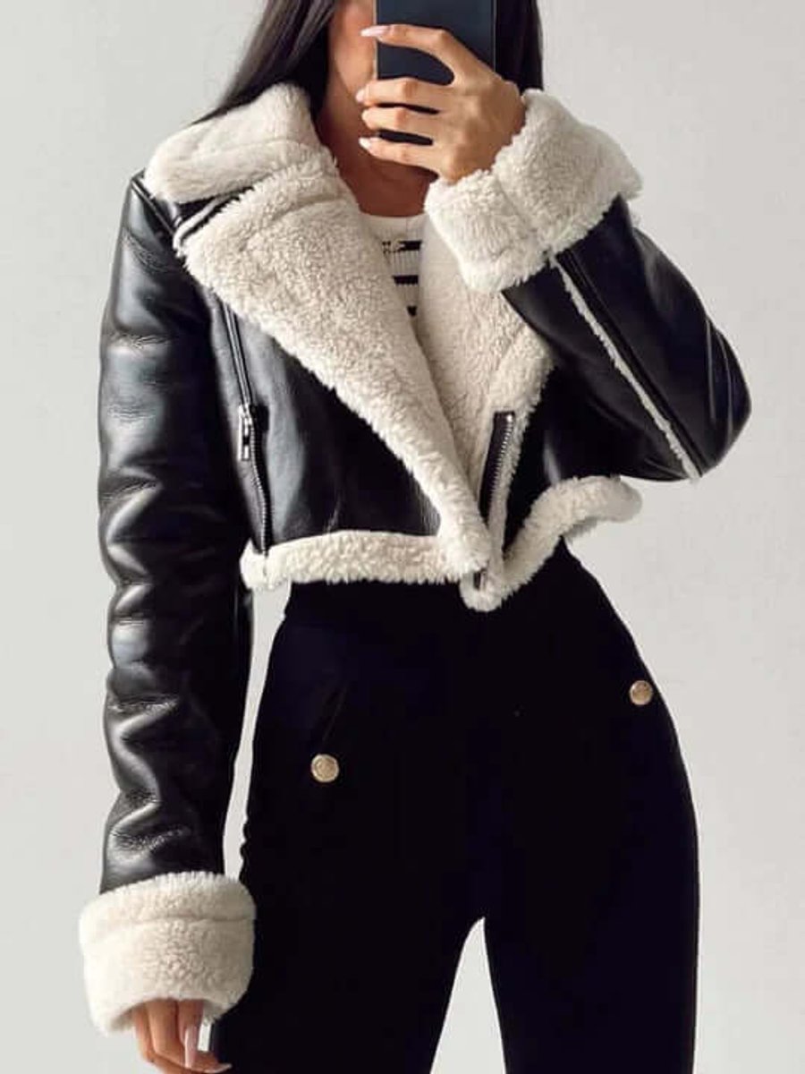 Women's Coat Cropped Shearling Faux Leather Aviator Jacket
