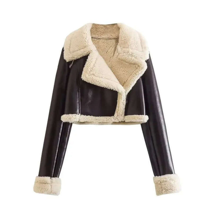 Women's Coat Cropped Shearling Faux Leather Aviator Jacket