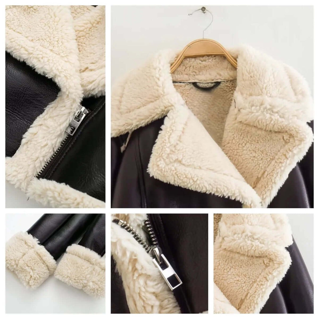 Women's Coat Cropped Shearling Faux Leather Aviator Jacket