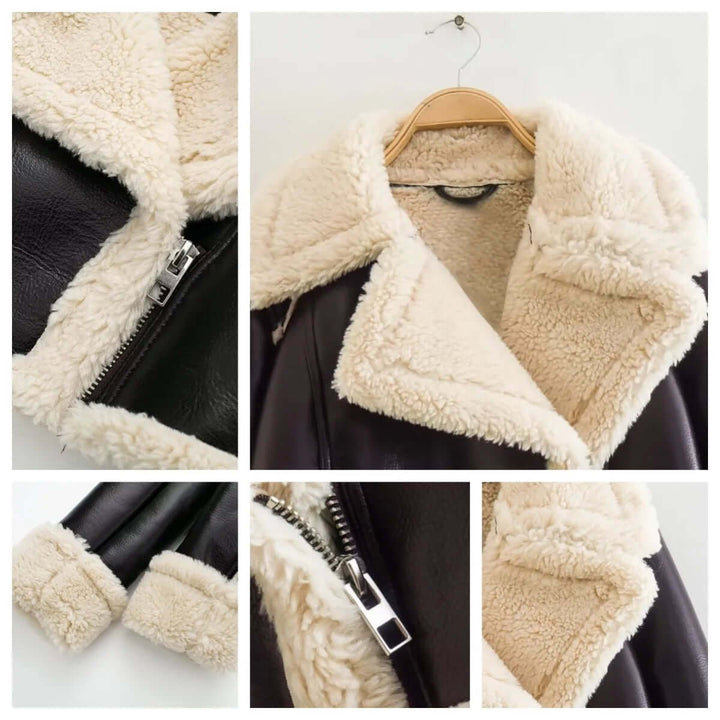 Women's Coat Cropped Shearling Faux Leather Aviator Jacket