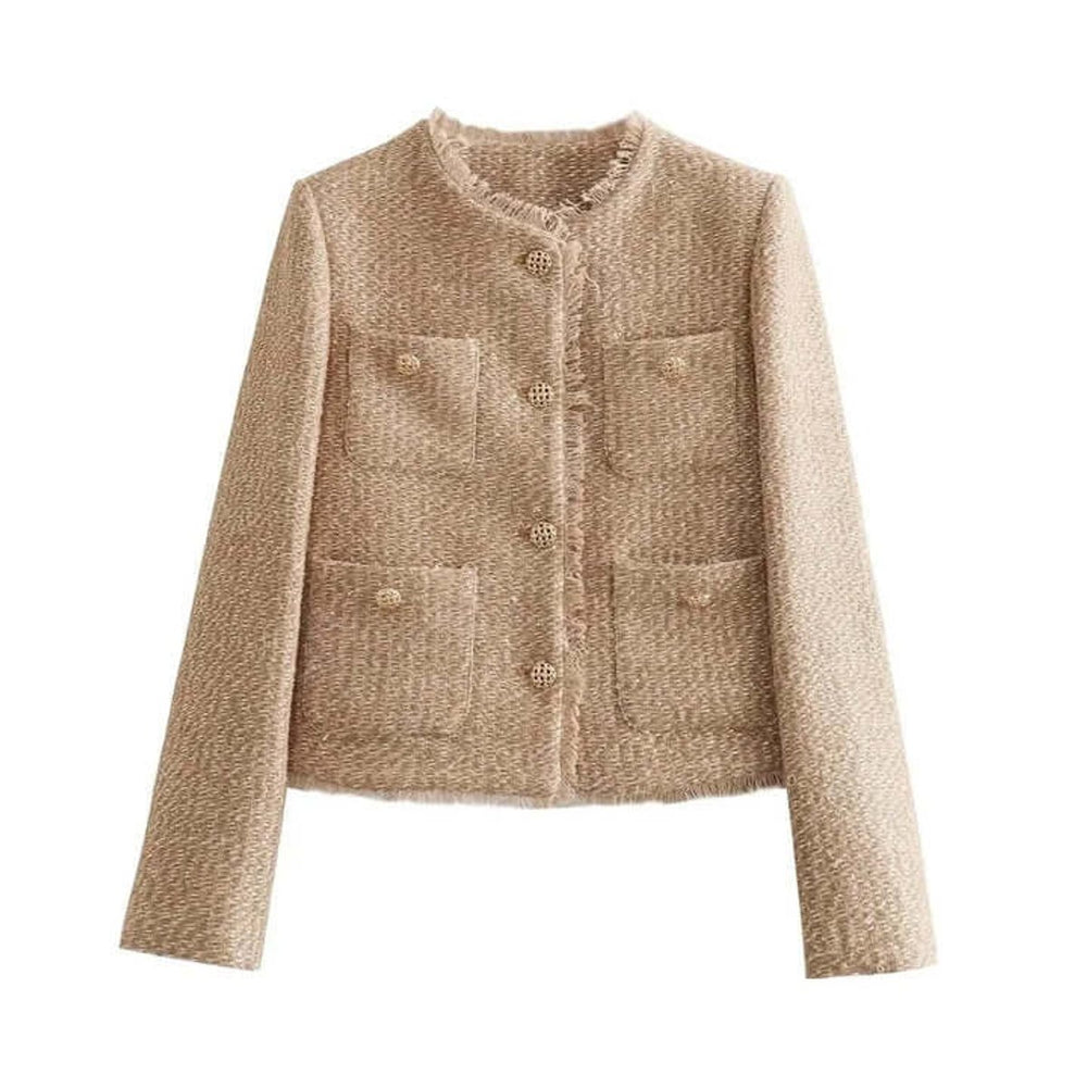 Women's Coat Cropped Tweed Collarless Jacket Pockets