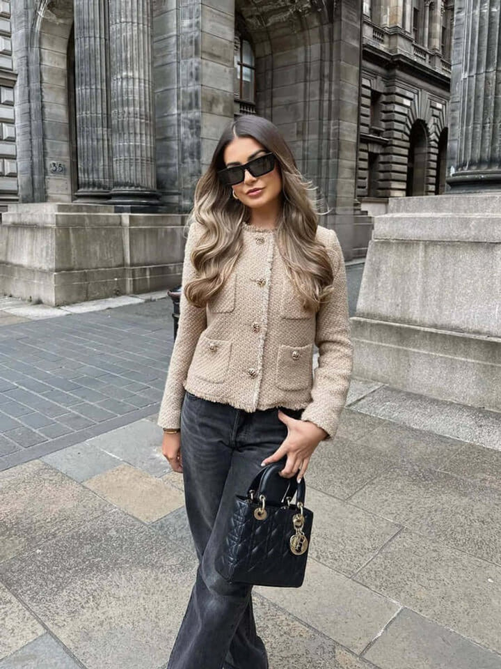 Women's Coat Cropped Tweed Collarless Jacket Pockets