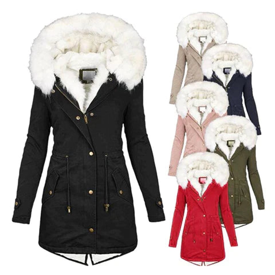 Women's Coat Faux Fur Hooded Fleece-Lined Slim Parka Jacket