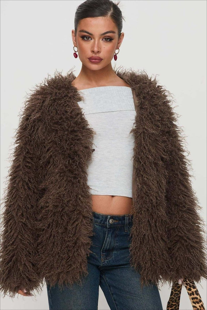 Womens Coat Fluffy Oversized Shaggy Faux Fur Open Front Jacket