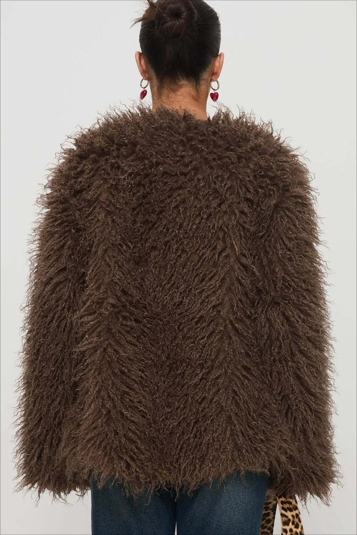 Womens Coat Fluffy Oversized Shaggy Faux Fur Open Front Jacket
