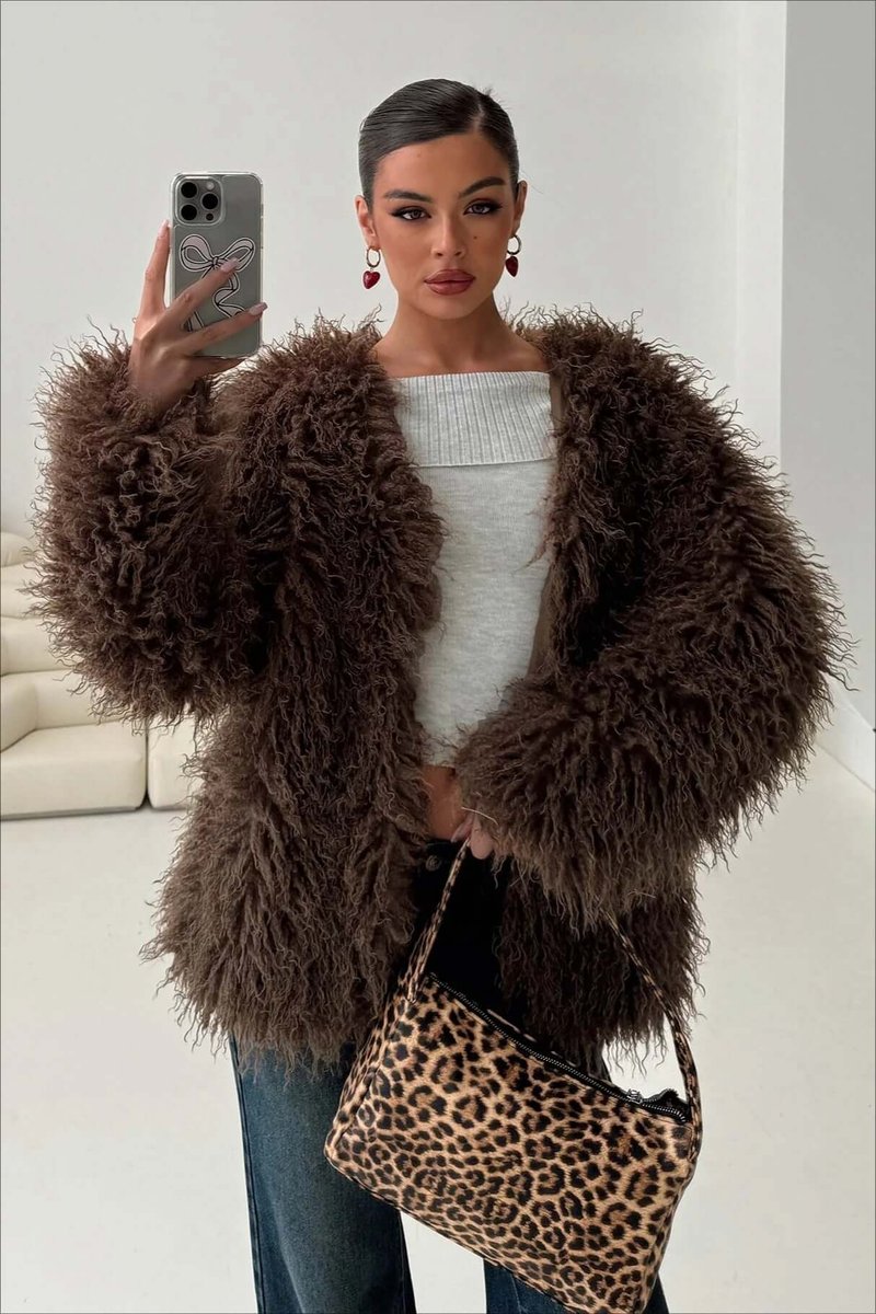 Womens Coat Fluffy Oversized Shaggy Faux Fur Open Front Jacket