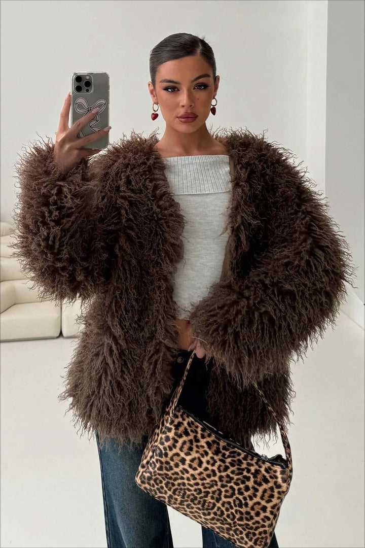 Womens Coat Fluffy Oversized Shaggy Faux Fur Open Front Jacket