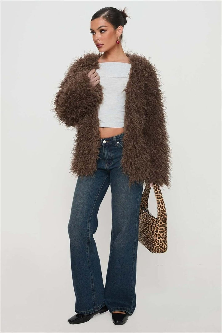 Womens Coat Fluffy Oversized Shaggy Faux Fur Open Front Jacket