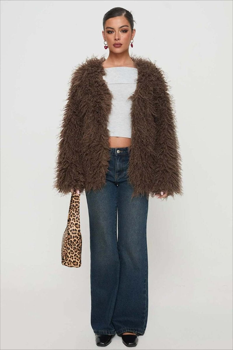 Womens Coat Fluffy Oversized Shaggy Faux Fur Open Front Jacket