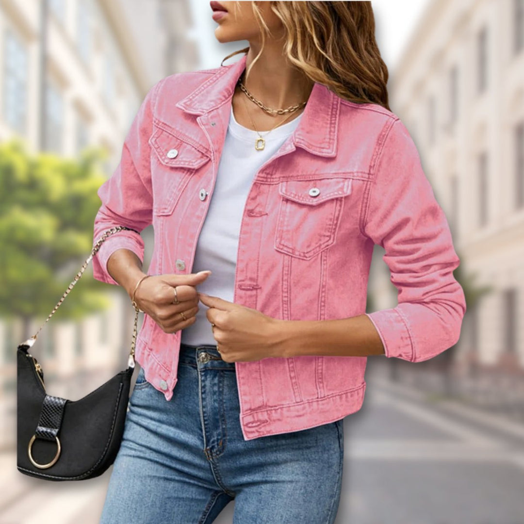 Women's Coat-Style Button-Up Cropped Denim Jacket