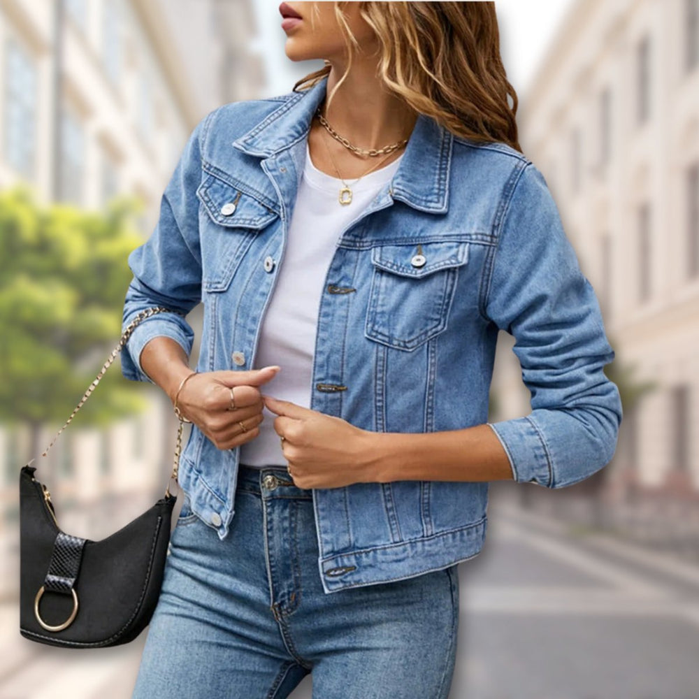Women's Coat-Style Button-Up Cropped Denim Jacket