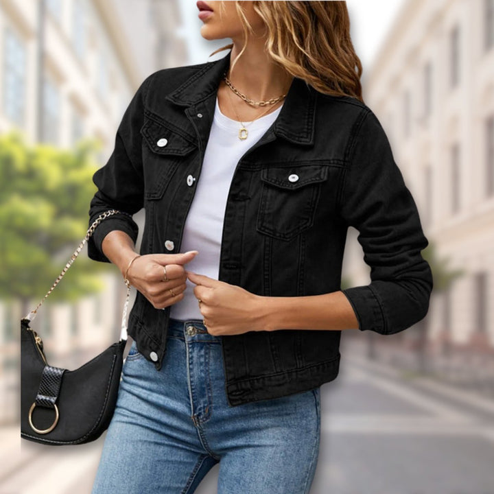 Women's Coat-Style Button-Up Cropped Denim Jacket