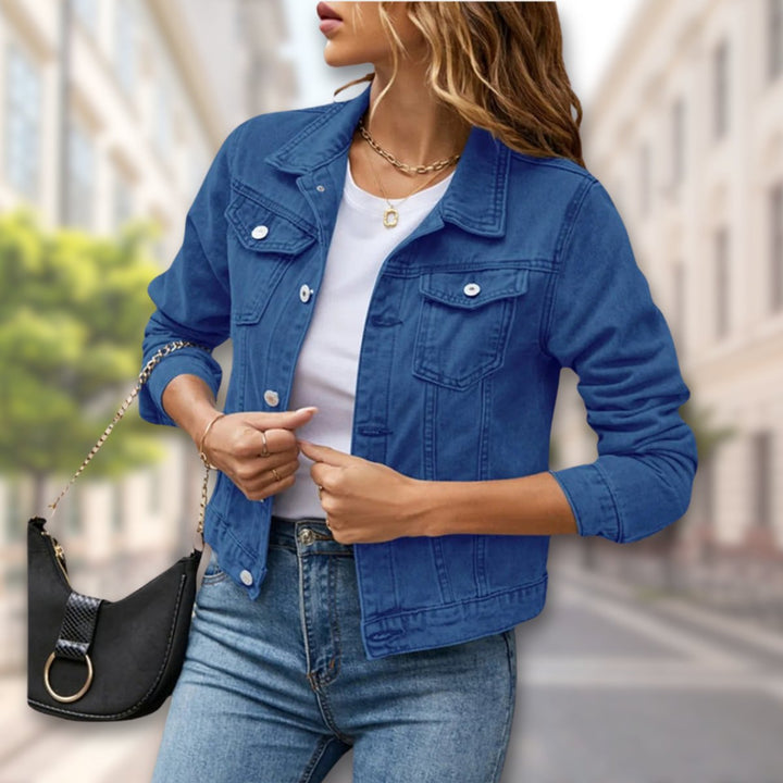 Women's Coat-Style Button-Up Cropped Denim Jacket