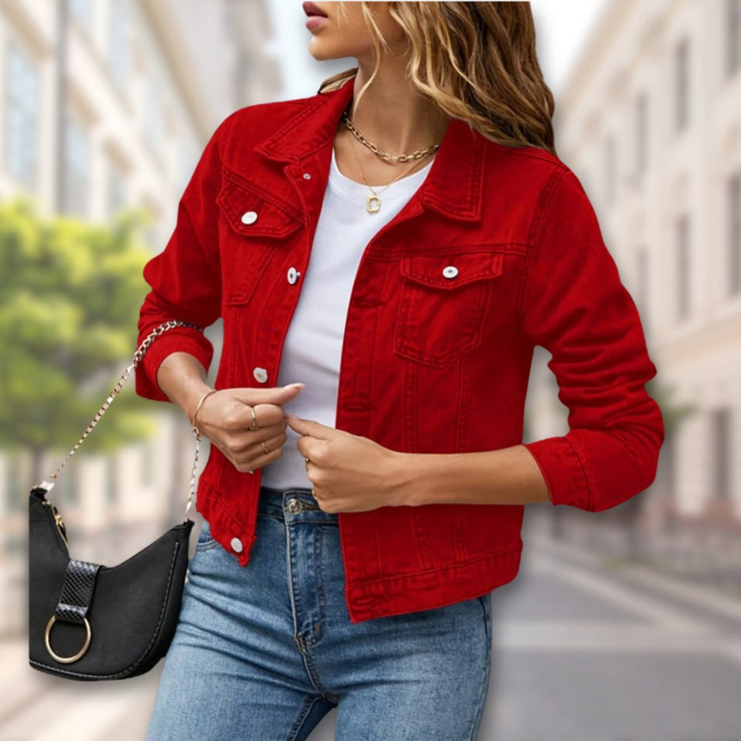Women's Coat-Style Button-Up Cropped Denim Jacket